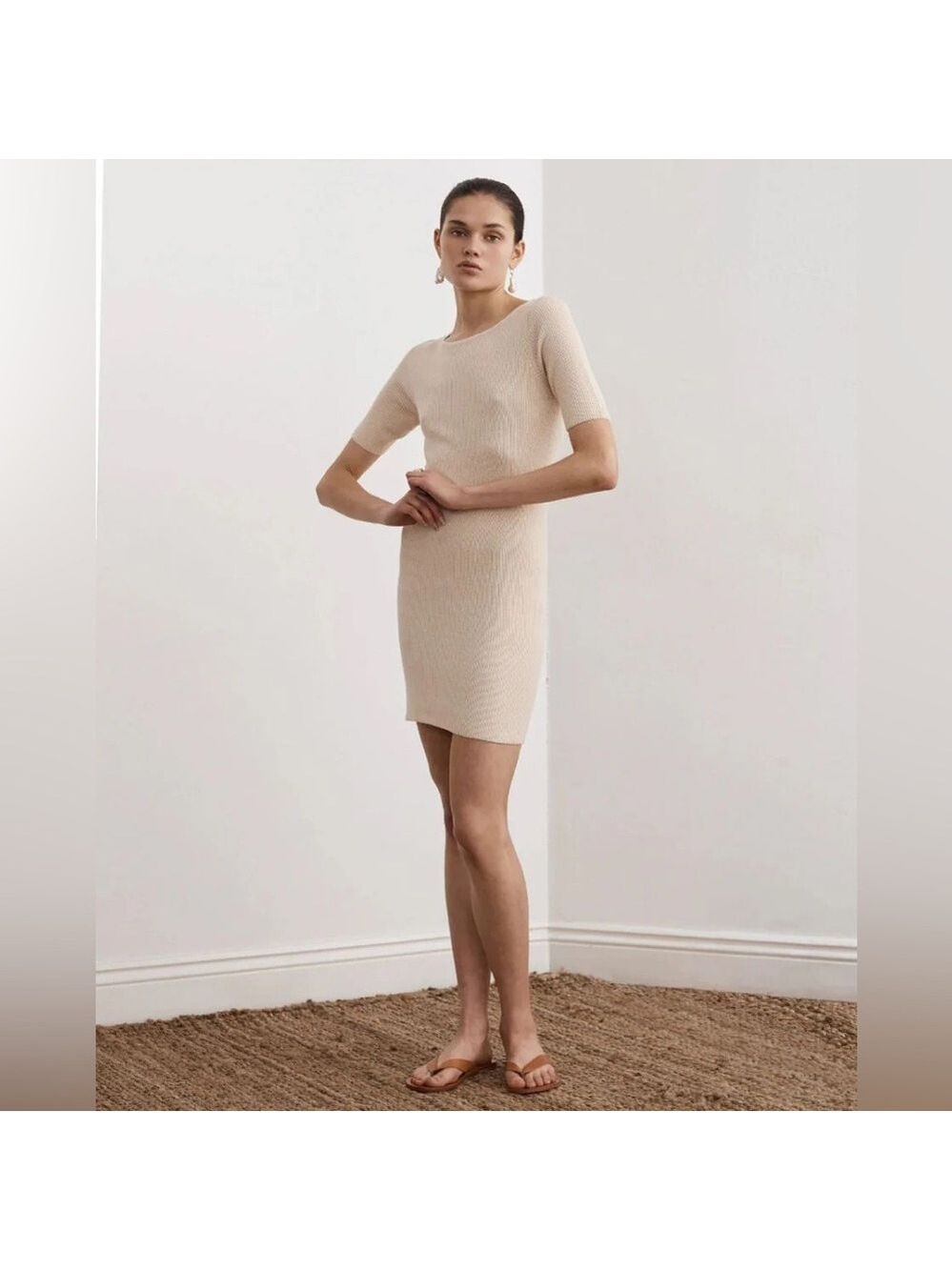 Knit Short Sleeve Mini Dress in Cream